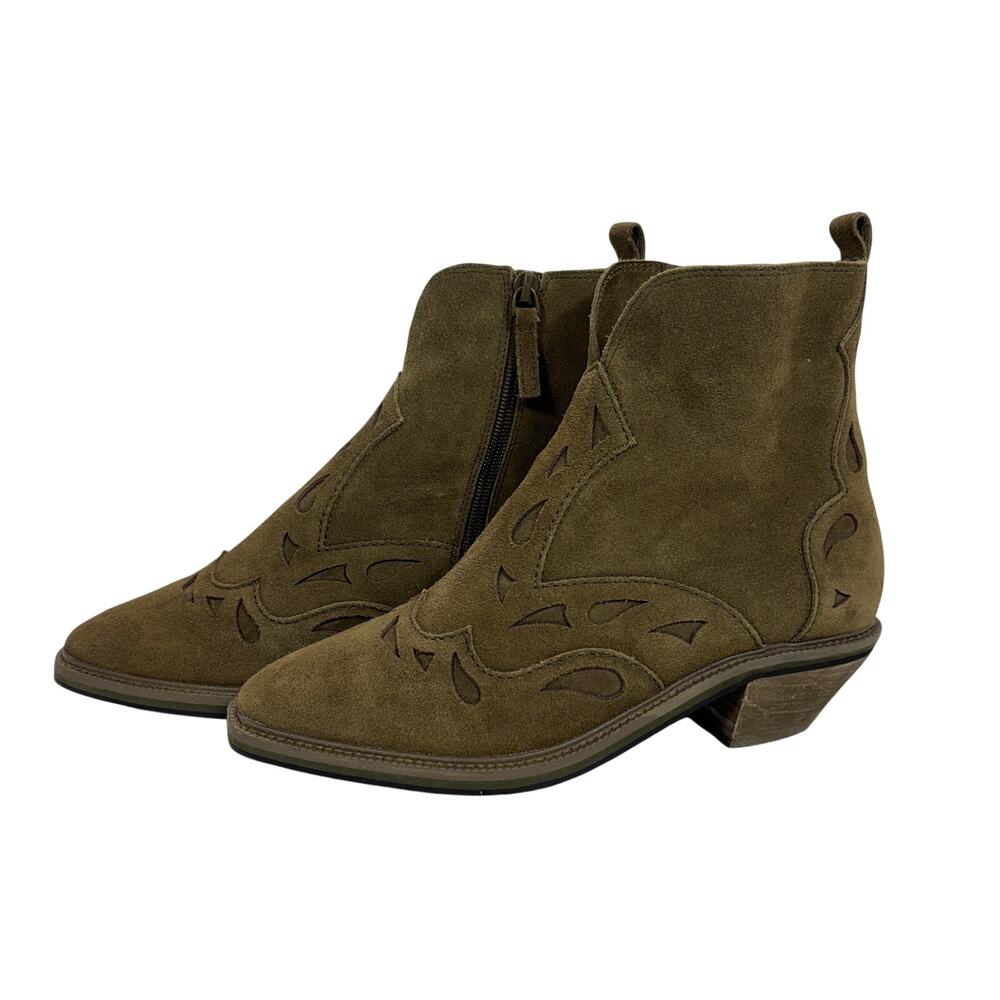 Kelsi Dagger Brooklyn Olive Green Suede Western Ankle Boots Cutout Booties 8